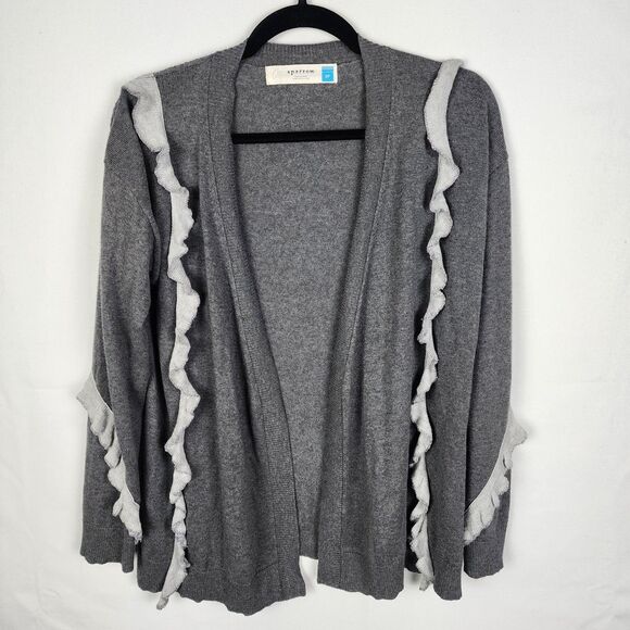 Sparrow Sweaters - Sparrow Gray Ruffled Cotton & Cashmere Open Front Cardigan Sweater Size Small P